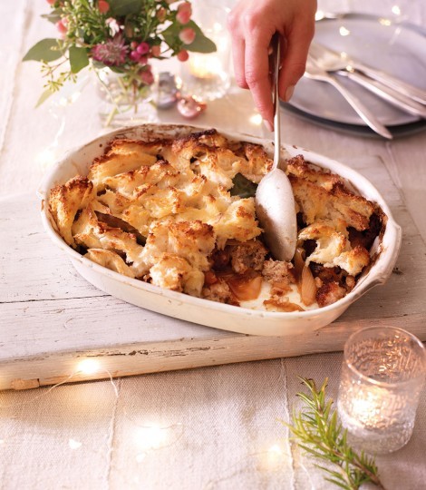 Baked pork, almond and Marsala stuffing with bread sauce topping