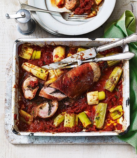 Baked pork tenderloin with leeks and black olive tapenade
