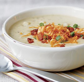 Baked potato & leek soup with cheddar & bacon