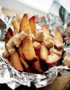 Baked potato poutine with porcini gravy