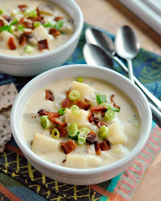 Baked potato soup with bacon, green onion & cheddar