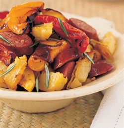 Baked potatoes, peppers and chorizo