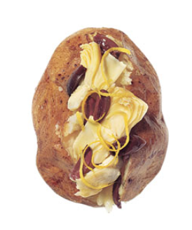 Baked potatoes with artichokes, olives, and lemons