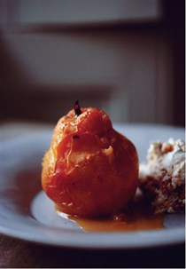 Baked quince with orange and mascarpone ginger crunch