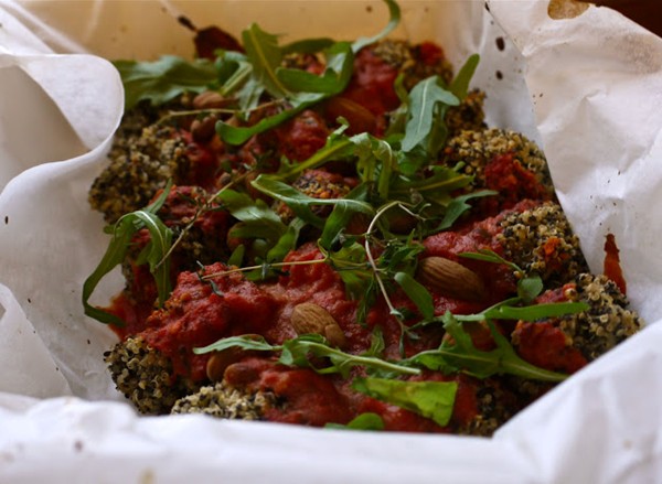 Baked quinoa with miso tomato sauce