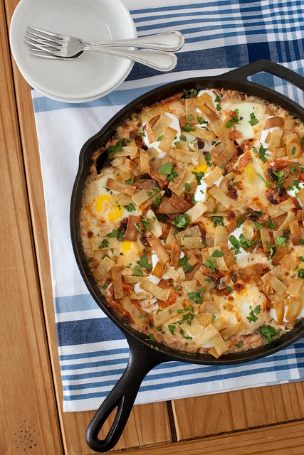 Baked ranchero eggs with blistered pepper Jack cheese