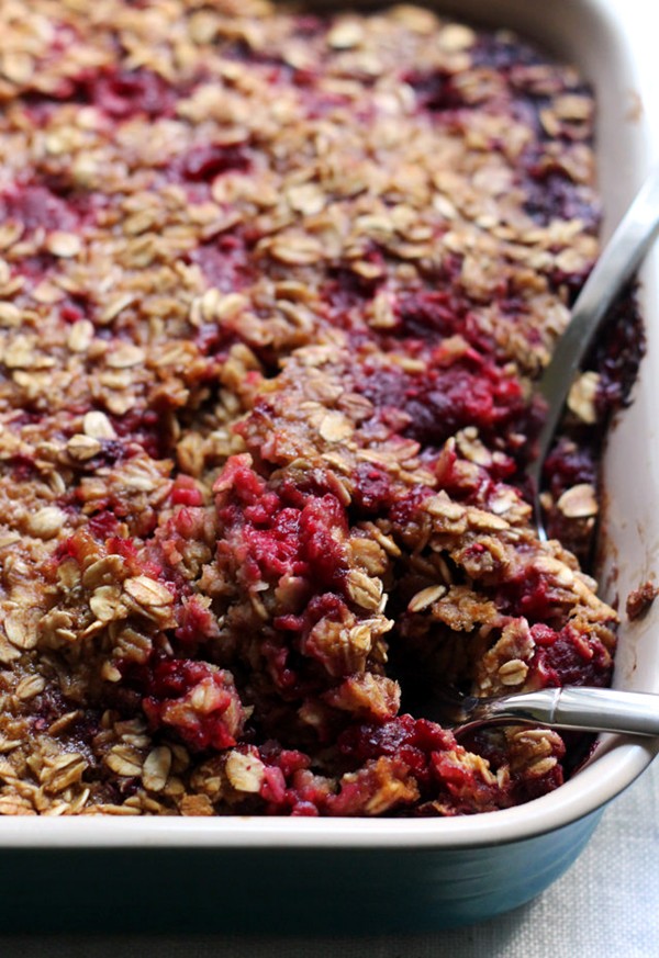 Baked raspberry oatmeal with brown butter drizzle