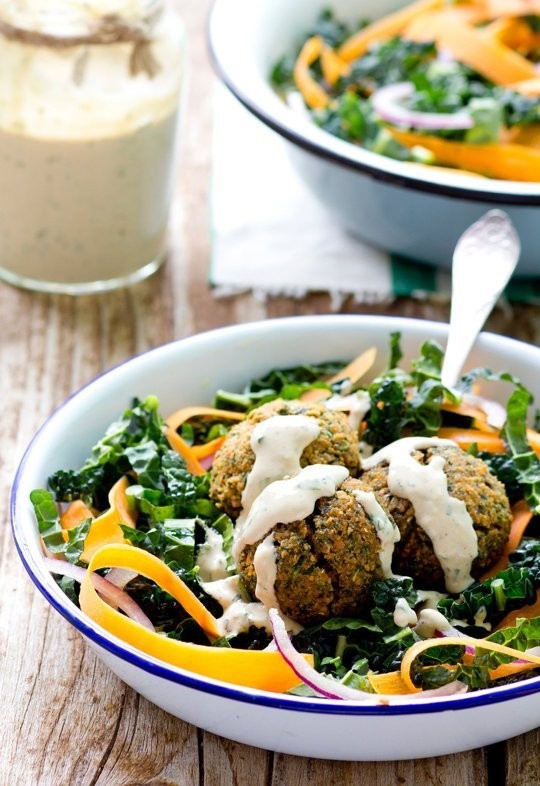 Baked red lentil falafel salad