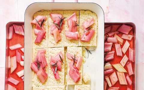 Baked rhubarb with damson gin, rosemary, and orange shortbread