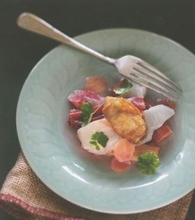 Baked rhubarb with sashimi and a beer-battered oyster