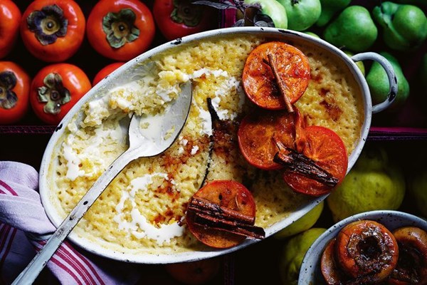 Baked rice pudding with roasted persimmon