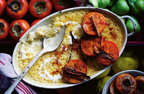 Baked rice pudding with roasted persimmon