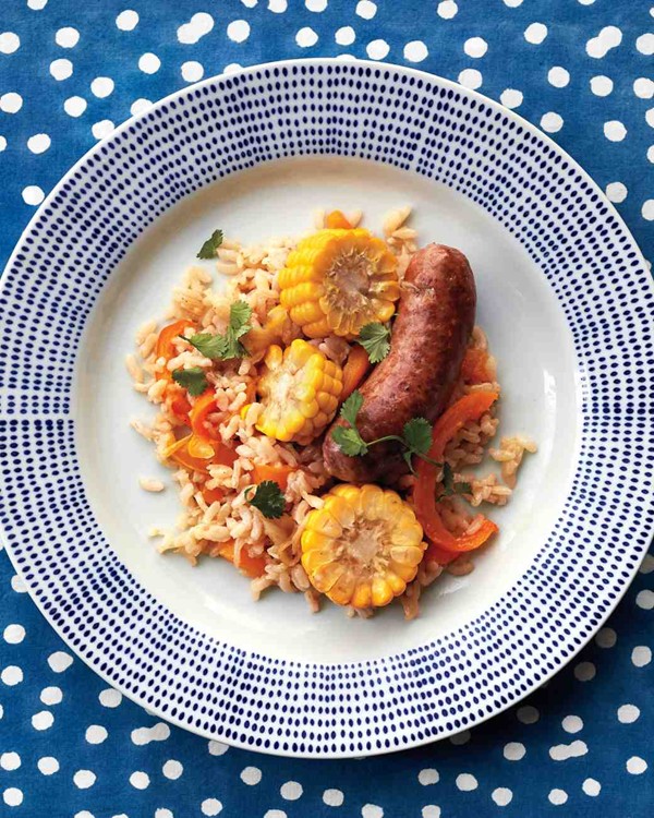 Baked rice with sausage, peppers, and corn