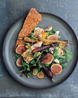 Baked ricotta and carrots, figs and smoky almond brittle