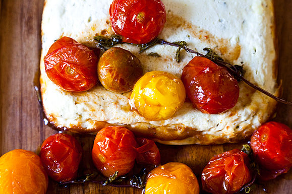 Baked ricotta and goat cheese with candied tomatoes