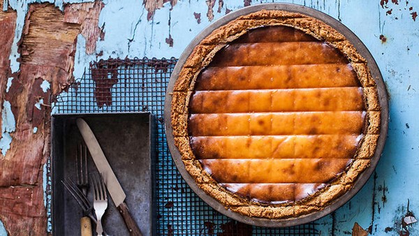Baked ricotta, orange blossom and date pie