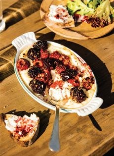 Baked ricotta w/ black pepper, raspberries + a big salad