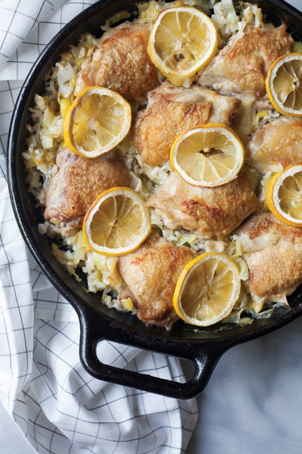 Baked risotto with chicken, leeks, and lemon