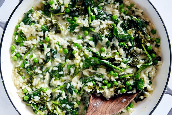 Baked risotto with greens and peas [Kay Chun]