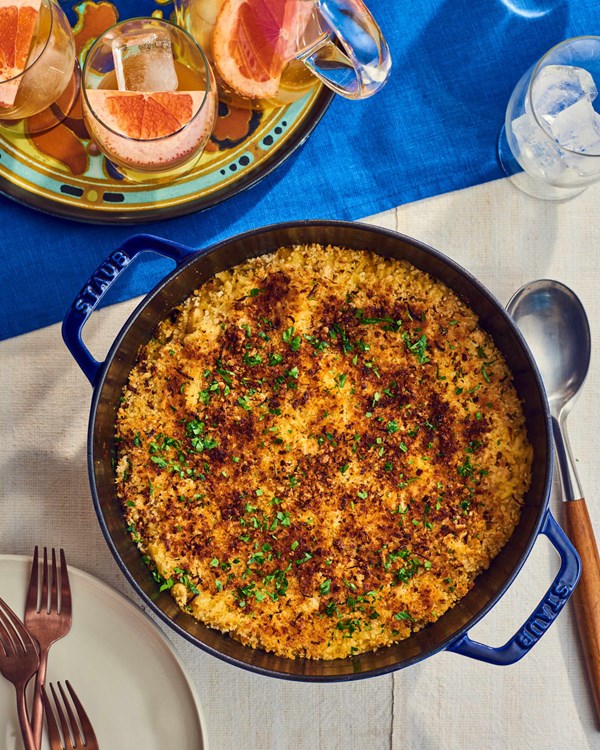 Baked risotto with white beans, herbs, and lemon