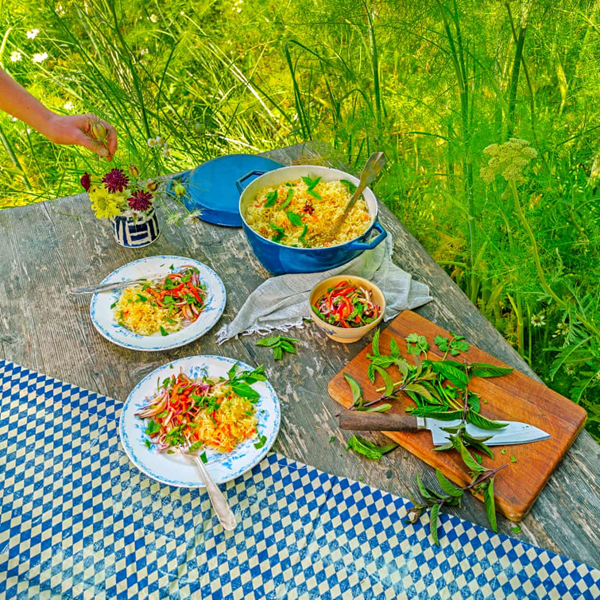 Baked saffron rice, tomato and coriander chutney