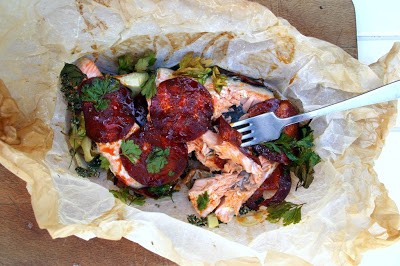 Baked salmon and chorizo