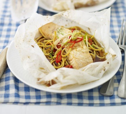 Baked salmon and noodle parcels