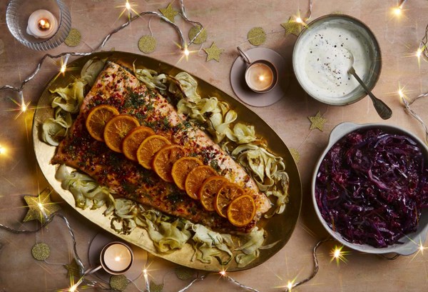 Baked salmon, clementines and dill creme fraiche