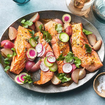 Baked salmon with charred onions & Old Bay radishes