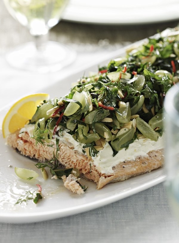 Baked salmon with grape, almond and herb salad