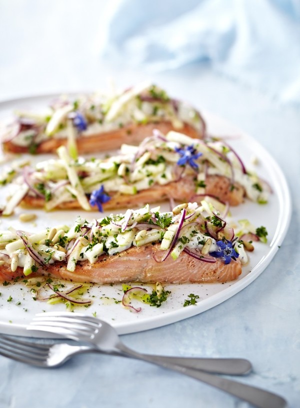 Baked salmon with green apple and pine nut salad