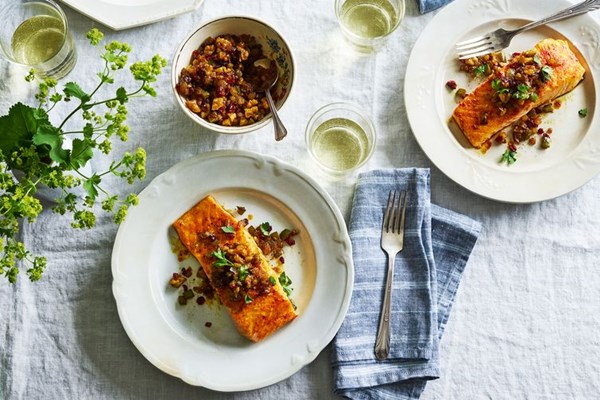 Baked salmon with walnuts & barberries