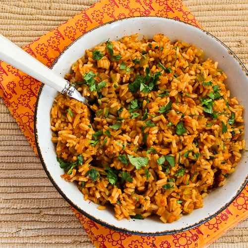 Baked salsa rice with green chiles, lime, and cilantro