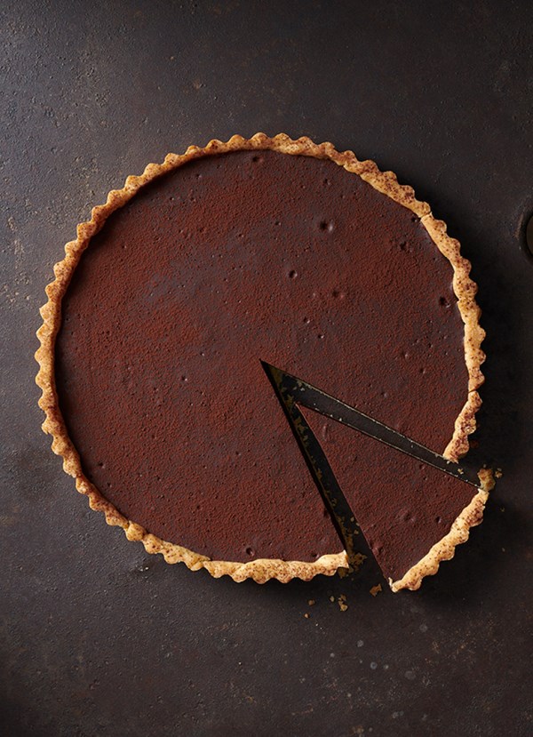 Baked salted dark chocolate and caramel tart