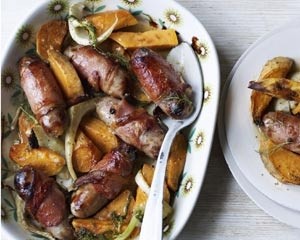 Baked sausage with sweet potato & fennel