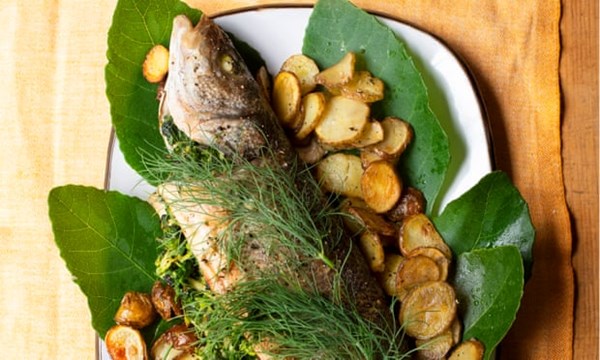 Baked sea bass, courgette and spinach stuffing