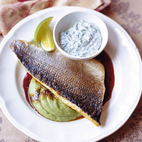Baked sea bass with avocado and sesame