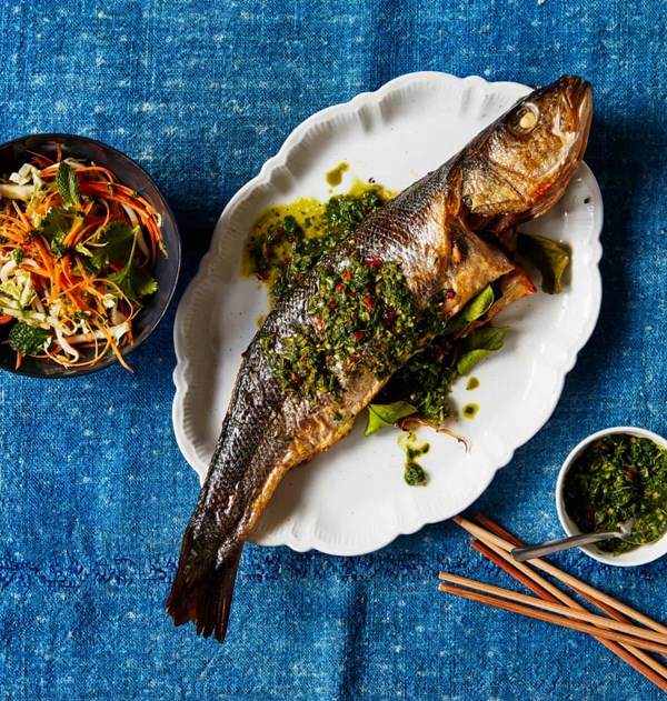 Baked sea bass with lemongrass and nam jim