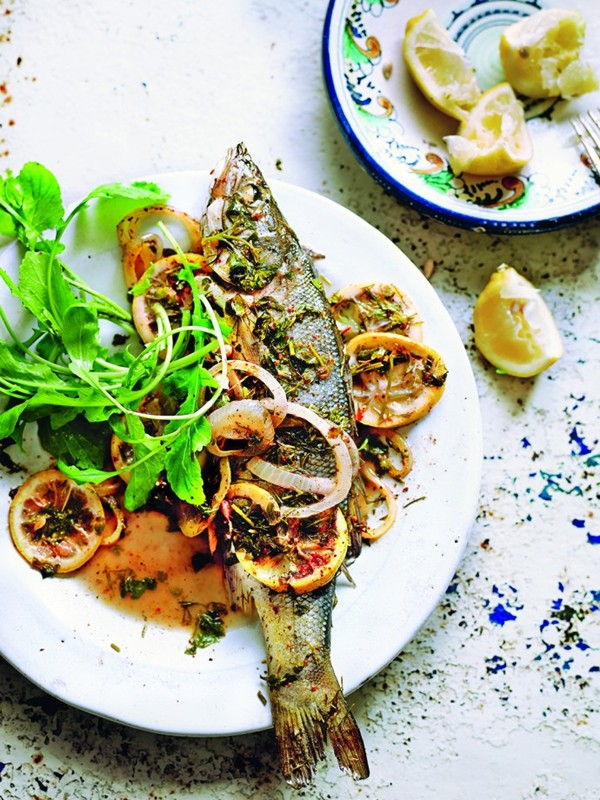 Baked sea bass with raki
