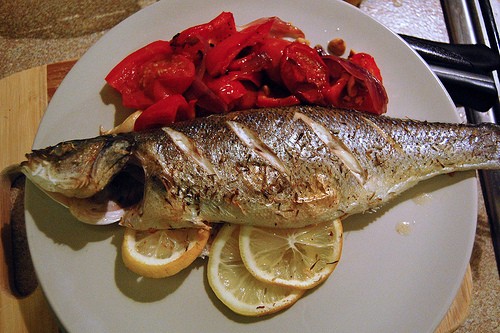 Baked sea bass with roasted vegetables