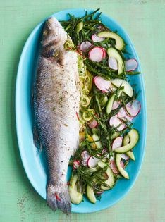 Baked sea bass with samphire and cucumber