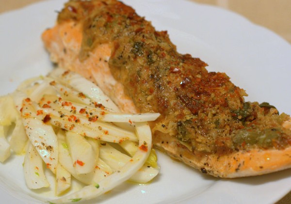 Baked sea trout with leftover antipasti