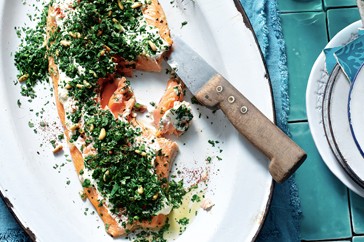 Baked sea trout with tahini and herb salad