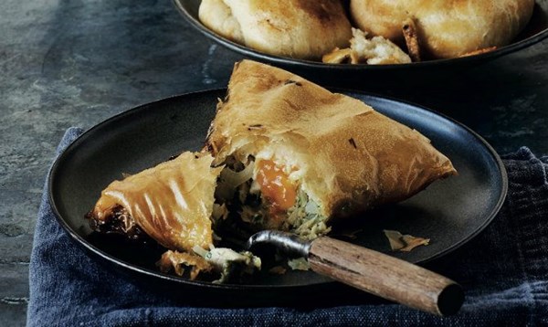 Baked shellfish and coriander pastry (Rghaif)