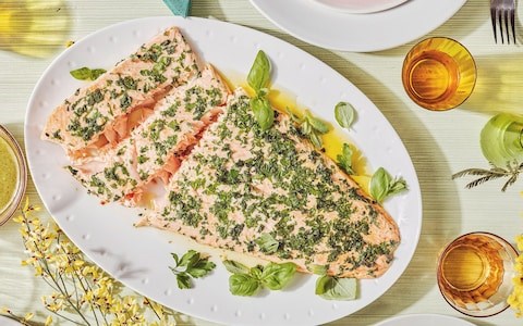 Baked side of salmon with roast lemon salsa verde