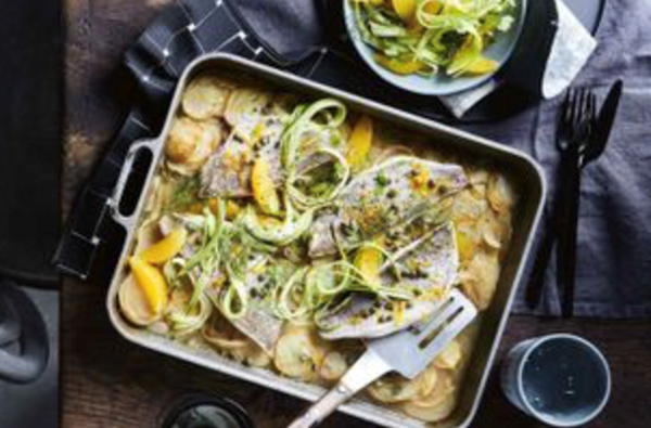 Baked snapper, fennel and potato with zucchini and orange salad