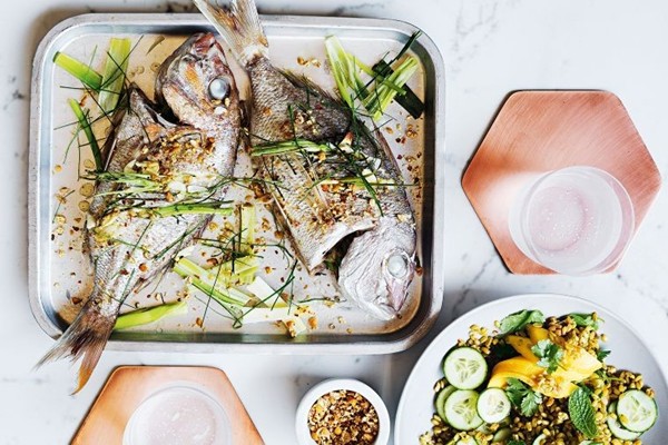 Baked snapper with chickpea salt and freekeh salad