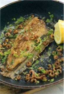 Baked sole with brown shrimps and celery leaves