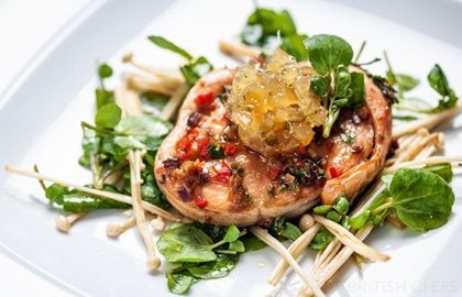 Baked soy salmon with enoki mushrooms, lemon soy vinaigrette and ginger jam