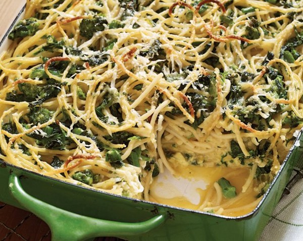 Baked spaghetti frittata with broccoli rabe and smoked mozzarella